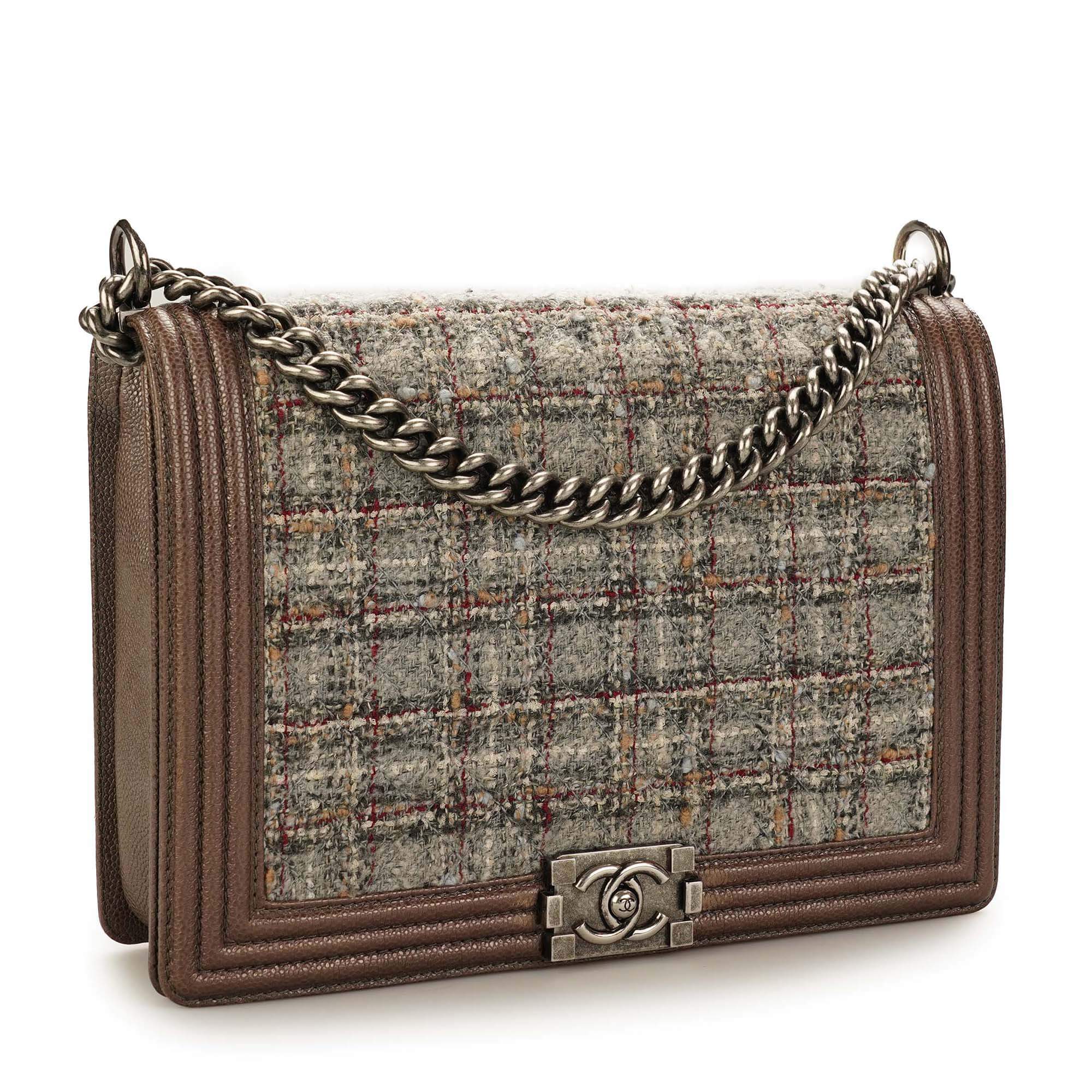 Chanel - Brown Leather and Tweed Large Boy Bag